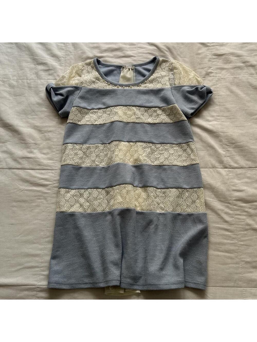 Axes Femme Blue Ivory Lace Knit Puff Sleeve Dress Medium Japan